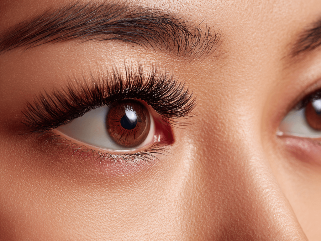 Doll eye lash extensions on small Asian eyes creating a lifted, bright, and open-eye effect