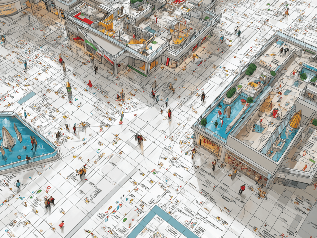 Map and directory of Istanbul shopping malls showing key locations and visitor pathways