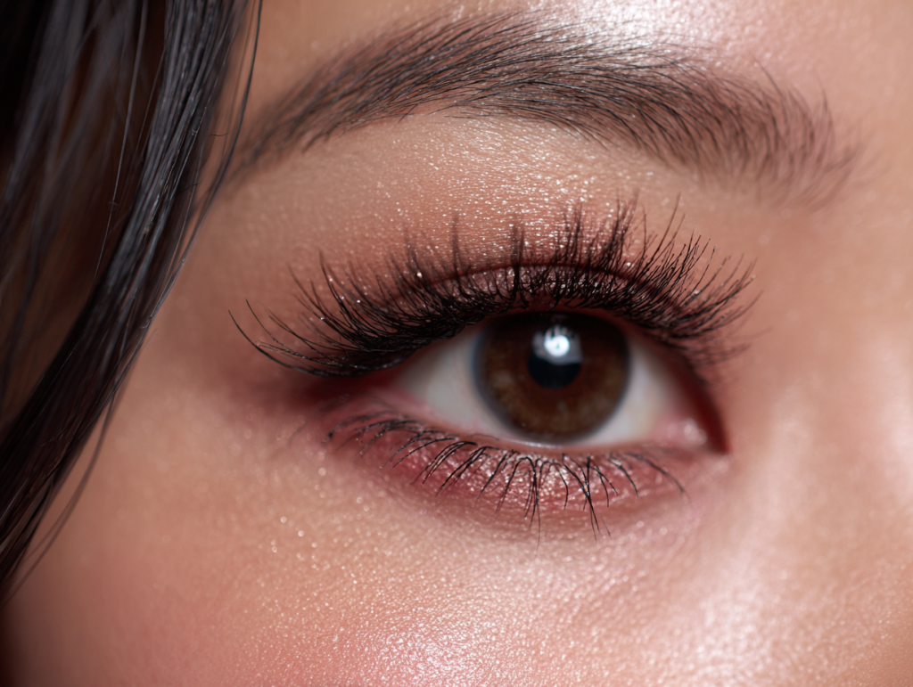 Open eye lash extensions on Asian eyes emphasizing center lashes for a fresh and wide-eyed look